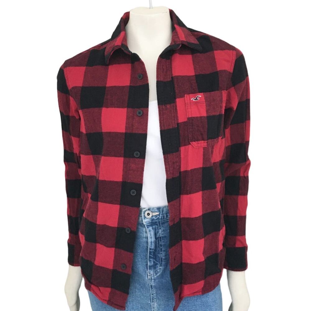 HOLLISTER Buffalo Relaxed Fit Plaid Flannel Shirt  Red Black Long Sleeve  SZ XS
